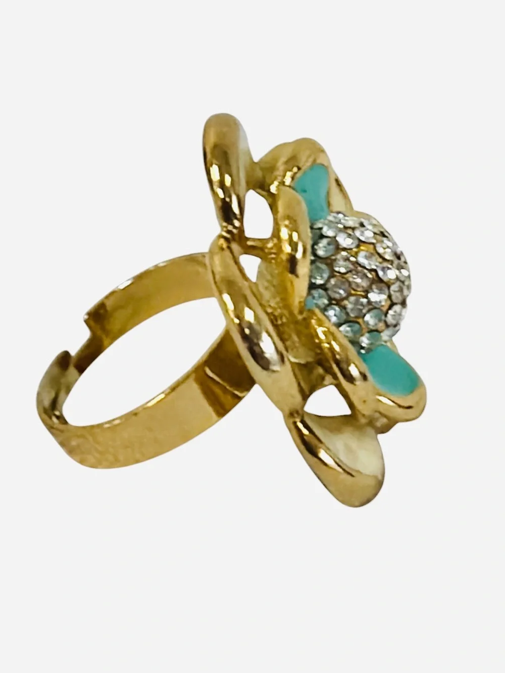 Jewelry Set-2 Turquoise Flower Adjustable Ring Gold Tone Twist Bangle Bracelet
